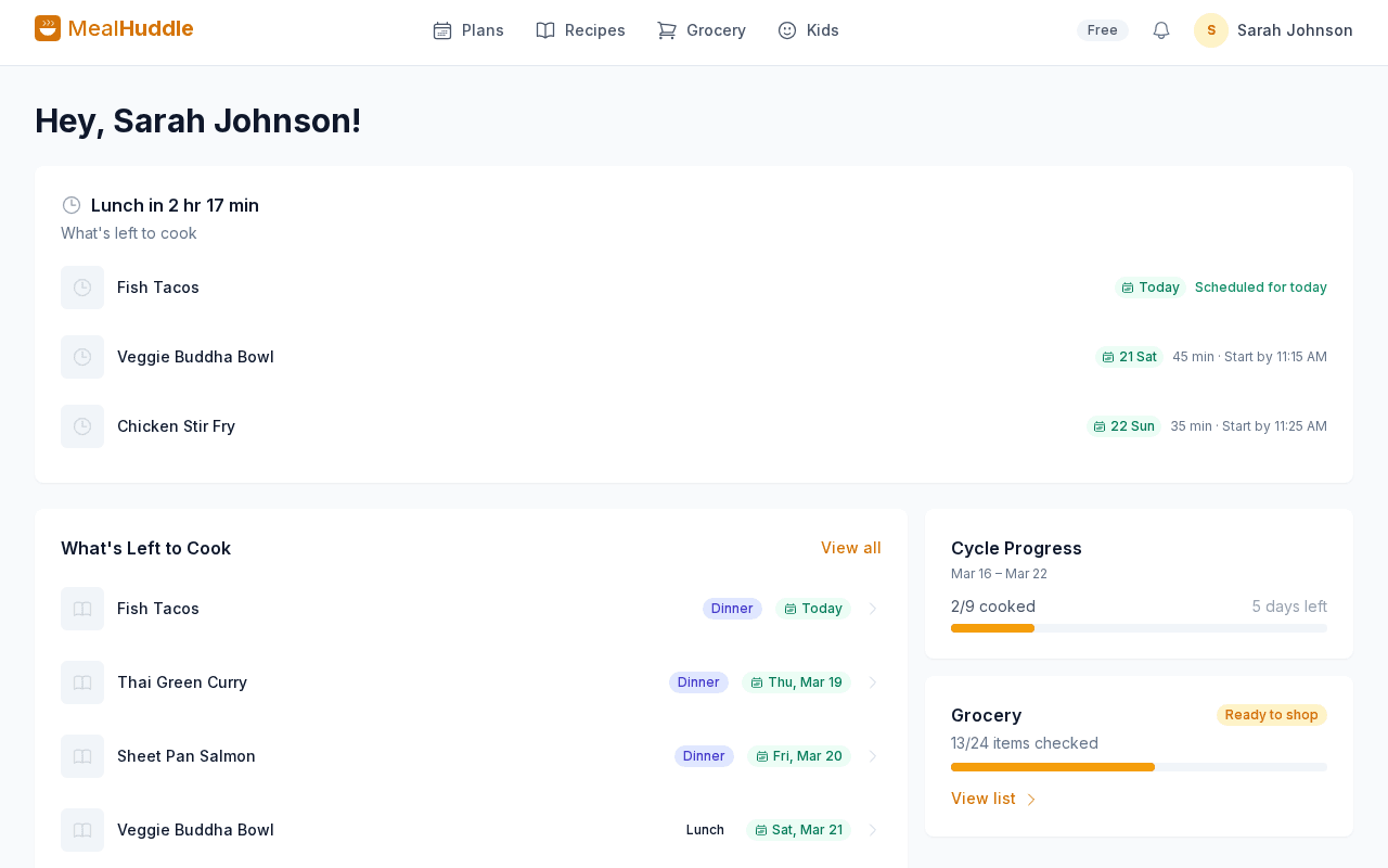 MealHuddle dashboard page screenshot